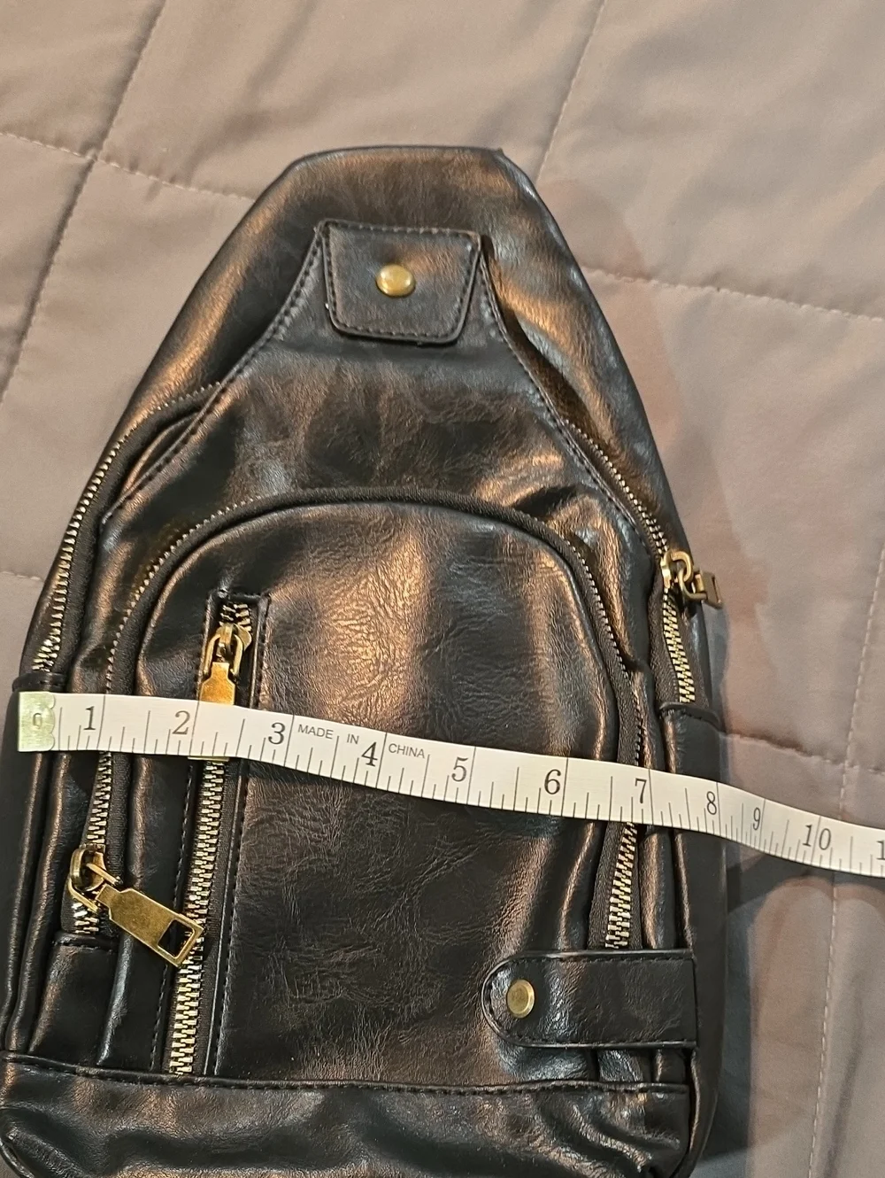 Black Faux Leather Crossbody Sling Bag with Gold Hardware